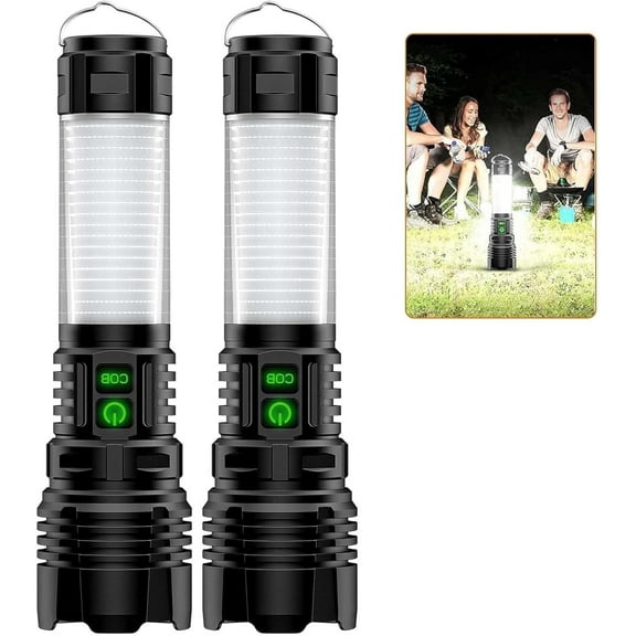 2-Pack Rechargeable LED Camping Lantern Flashlights - 2000LM Super Bright, 2000m Long Beam, 5 Modes, Waterproof, Zoomable for Camping, Hiking & Emergencies