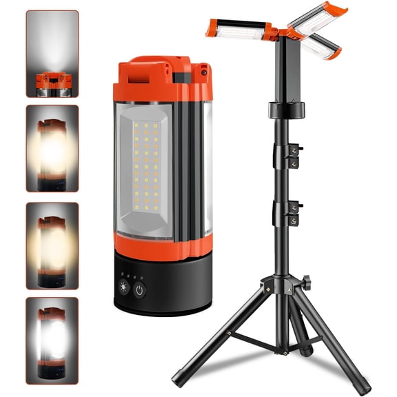 Rechargeable Camping Light with Adjustable Stand, Cordless Work Light with 3 LED Lamp Heads, Camping Essentials Gear Emergency Flashlight with Detachable Tripod
