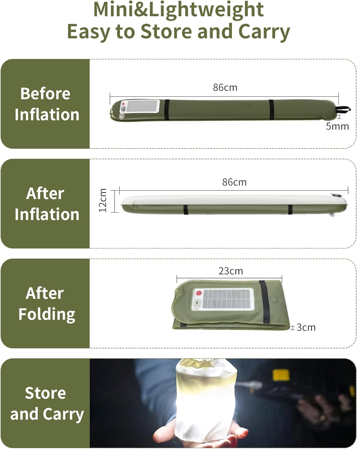 Rechargeable Camping Light Bar IP66 Waterproof LED Tube Foldable Inflatable Outdoor Tent Light for Hiking Traveling Party Green 2 PCS