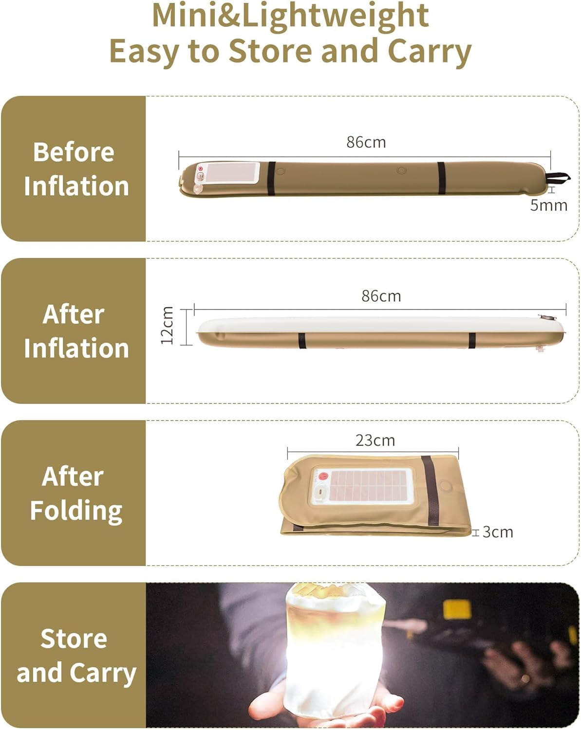 Rechargeable Camping Light Bar IP66 Waterproof LED Tube Foldable Inflatable Outdoor Tent Light for Hiking Traveling Party Khaki 2 PCS