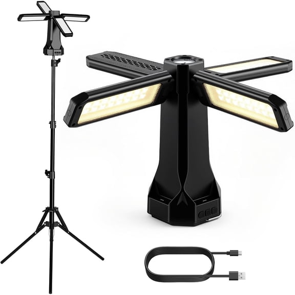 Rechargeable Camping Light with Stand, 16000mAh LED Work Light with 4 Adjustable Lamp Heads 1.55M Detachable Tripod, 4000 Lumen, IP66  Dimmable Cordless Work Light for Outdoor Use