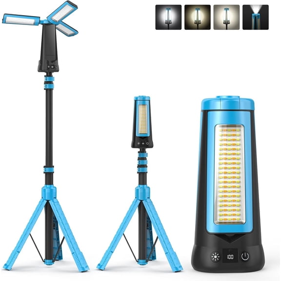 Rechargeable Camping Light with Stand 7ft Max Height, 15000mAh Portable Cordless LED Work Light, 5500 Lumen 6500/4500/3500K Dimmable Flashlight with Detachable Tripod, Blue