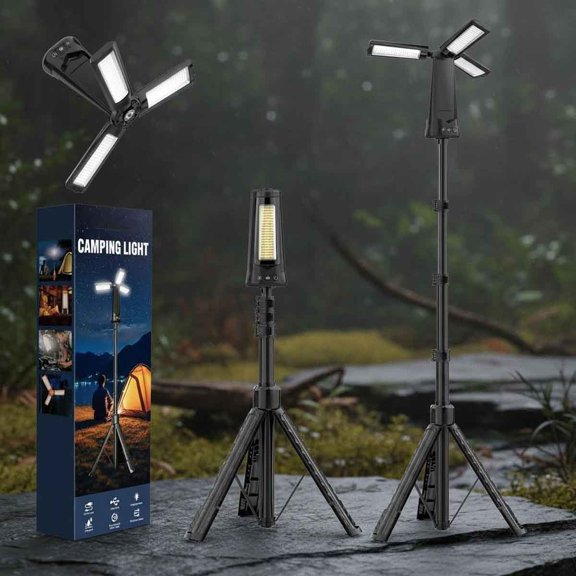 Rechargeable Camping Light with Stand, Cordless Work Light with 3 LED Lamp Heads, Dimmable Camping Essentials Gear Emergency Flashlight with Detachable Tripod, Black