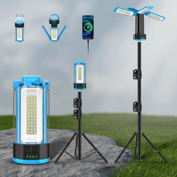 Rechargeable Camping Light with Stand, Cordless Work Light with LED Lamp Heads, Portable Light for Pure Cool White Focused Beam, Detachable Tripod & Storage Bag