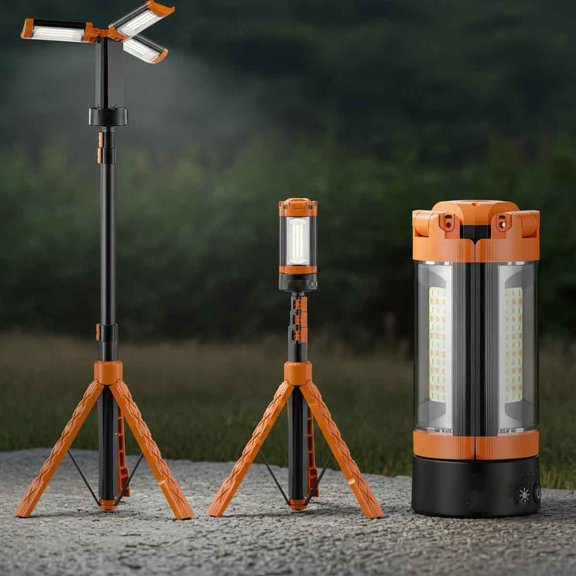 Rechargeable Camping Light with Stand, Cordless Work Light with 3 LED Lamp Heads, Camping Essentials Gear Emergency Flashlight with Detachable Tripod