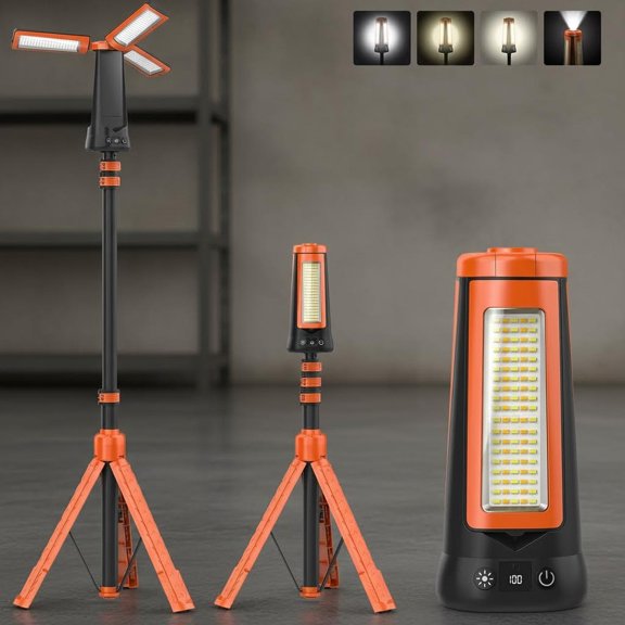 Rechargeable Camping Light with Stand, Portable Cordless LED Work Light, Dimmable Emergency Flashlight with Detachable Tripod, Orange