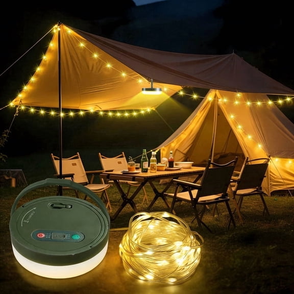 Rechargeable Camping String Lights, 10m/32.8ft - 100 LEDs, 8 Modes, IP44 Rating, Includes 24 Extra Bulbs, Timer Function, Ideal for Camping, Easter, Ramadan Decorations, Gardens, and Parties.