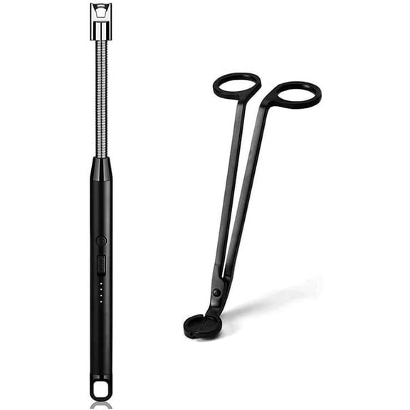 Rechargeable Candle Lighter and Wick Trimmer,Candle Accessory Set,Candle Wick Clipper Wick Cutter Scissor,Electric Rechargeable Arc Lighter Display USB Lighter-Black