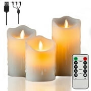 Goldprice Rechargeable Flameless Candle, LED Flickering Candles Tea Lights Pillar Candles Sets with Adjustable Brightness and Timing Remote, Battery Operated Real Wax USB Candles (D 3”×H 4”5”6”)