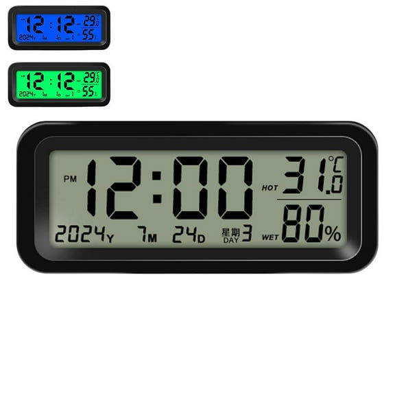Rechargeable Car Clock with Auto Backlight - Digital Dashboard Clock Displays Time, Date, Temp & Humidity, Dual Color Display, Universal Car Interior Accessory