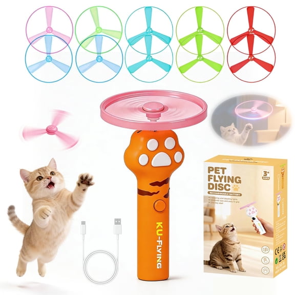 Rechargeable Cat Toy Launcher with 10 Flying Discs, Interactive Fetch & Chase Toy for Indoor Outdoor Play, USB Powered Disc Shooter for Cats & Small Dogs, Orange