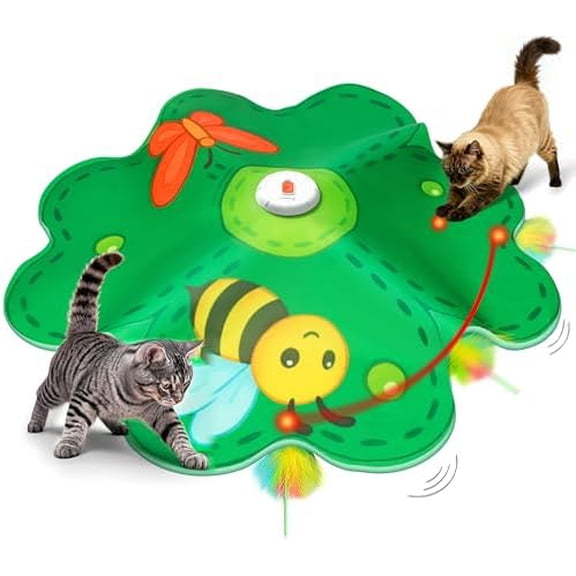 Rechargeable Cat Toys, 2 in 1 Hide and Seek Game Interactive Cat Toy, Movable LED Red Dot, Concealed Feathers, Durable Exercise Toys for Indoor Cats, Bored Adult Cats Wand Toy, Green