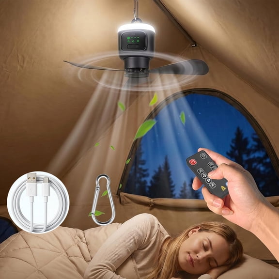 Rechargeable Ceiling Fan with Light for Patio Canopy Tent Porch RV, USB Camping Tent Ceiling Fan, 4 Speed Adjustment with Lighting, 8 Hours Timer, 12000mAh Battery -operated Ceiling Fan