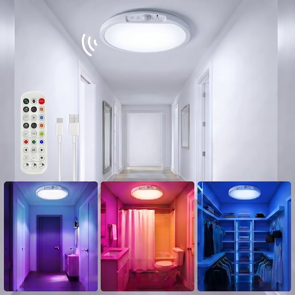 Rechargeable Ceiling Light with Remote - Shower Light for Inside Shower with Color Changing & White Light, Magnetic Motion Sensor Closet Lights Battery Powered for Shower Bathroom Closet Porch