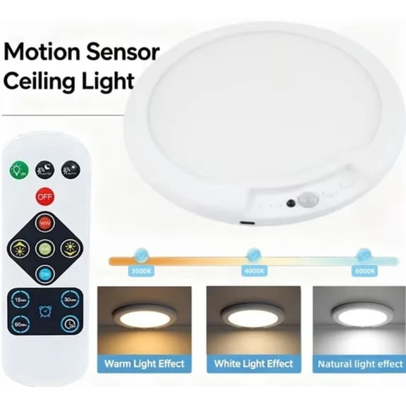 Rechargeable Ceiling Light with Motion Sensor, Wireless LED Light Magnetic Mount Remote Control 3 Color Temperatures for Closet Hallway Stairs Garage