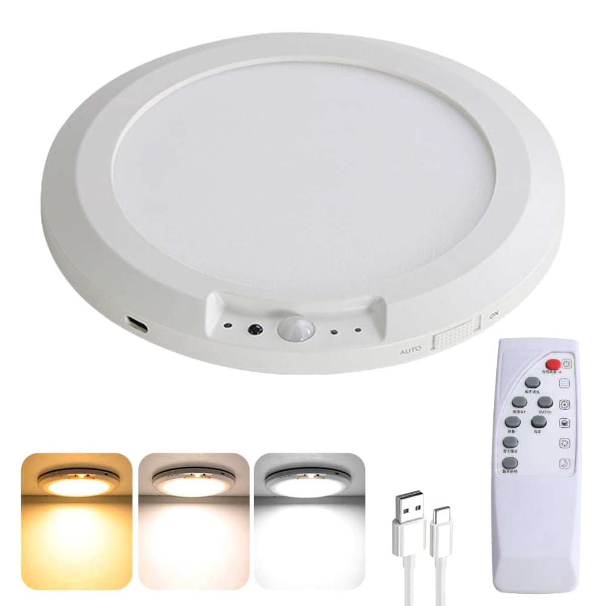Rechargeable Ceiling Light with Remote: Motion Sensor, 3 Color Temps, Battery Operated, No Wiring