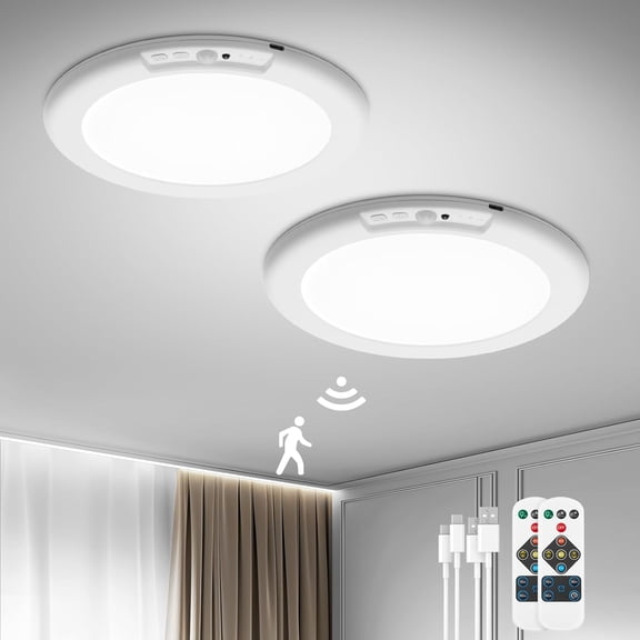 Rechargeable Ceiling Lights with Remote Wireless Battery Operated Motion Sensor Waterproof Shower Lighting, 3CCT & Dimmable Stick On Closet Overhead for Pantry Porch Renter Friendly 2 Pack