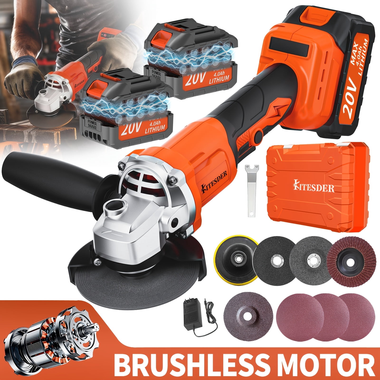 Rechargeable Cordless Angle Grinder Polisher with Lithium Battery, Fast Charger & Accessories, for Tile Stone Steel Grinding Polishing, Christmas Gift, Local Warehouse Shipping