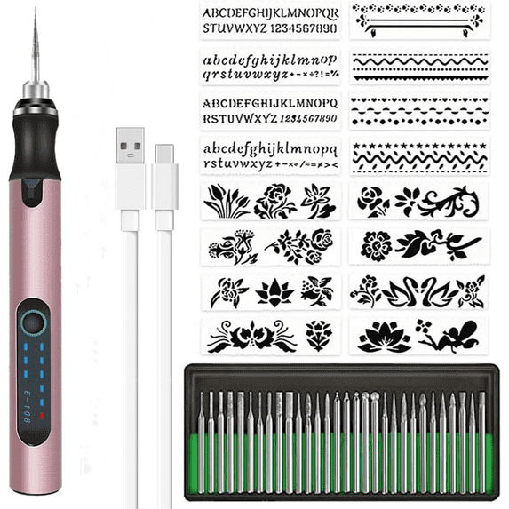 Rechargeable Cordless Electric Micro Engraver Pen, Mini DIY Engraving Tool Kit for Metal Glass Ceramic Plastic Wood Jewelry, with 30 Bits and 16 Stencils