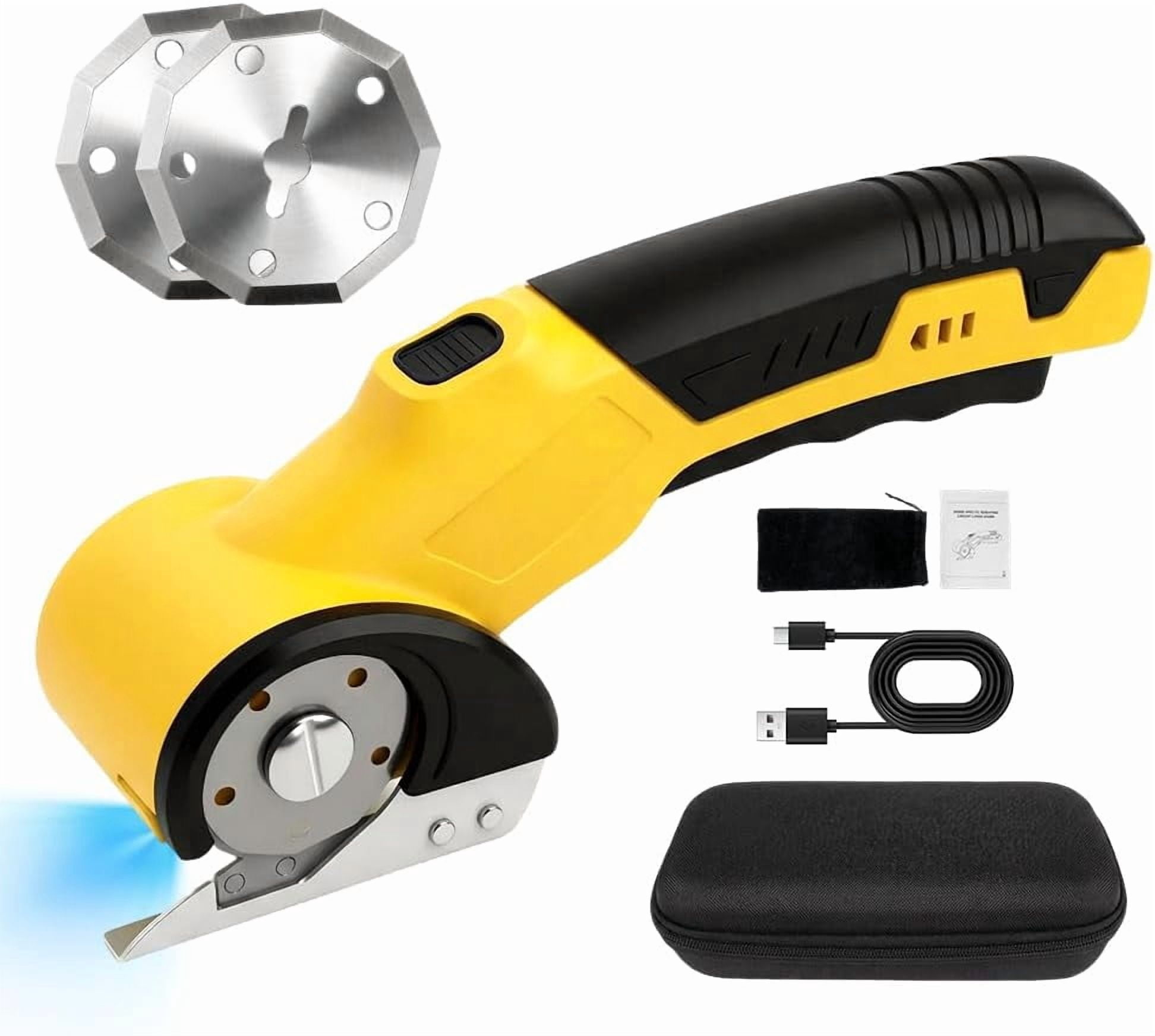 Rechargeable Cordless Electric Scissors, Rotary Cardboard Cutter, Automatic Box Cutter With Led Light, Extra 2 Blades, Electric Scissors For Fabric Leather Carpet Plastic Cloth Carton (Yellow)