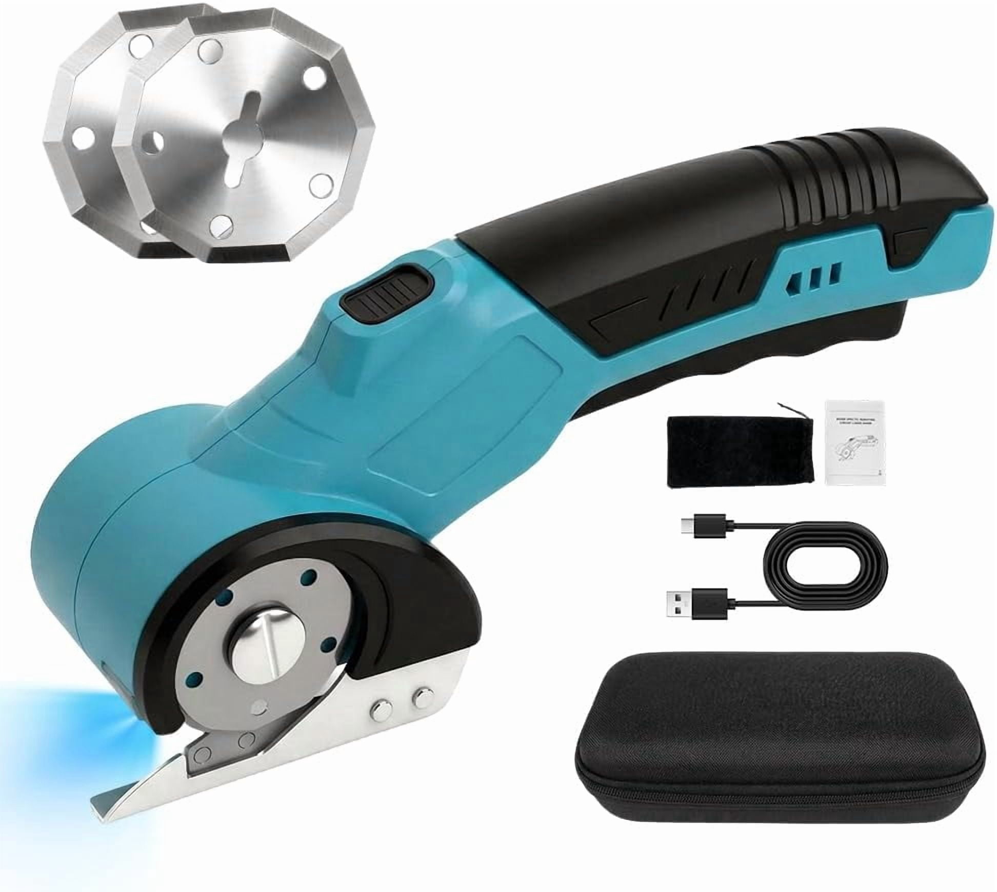 Rechargeable Cordless Electric Scissors, Rotary Cardboard Cutter, Automatic Box Cutter With Led Light, Extra 2 Blades, Electric Scissors For Fabric Leather Carpet Plastic Cloth Carton (Blue)