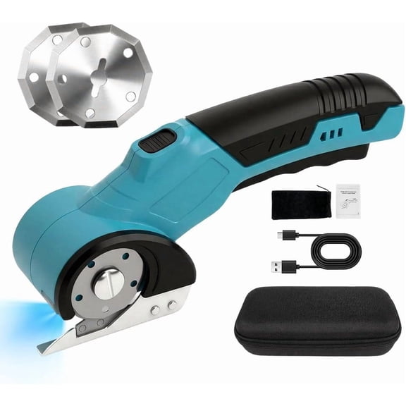 Rechargeable Cordless Electric Scissors, Rotary Cardboard Cutter, Automatic Box Cutter With Led Light, Extra 2 Blades, Electric Scissors For Fabric Leather Carpet Plastic Cloth Carton (Blue)