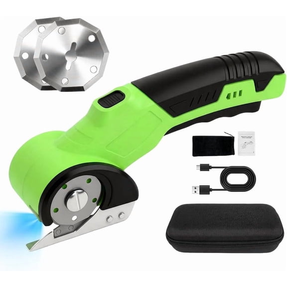 Rechargeable Cordless Electric Scissors, Rotary Cardboard Cutter, Automatic Box Cutter With Led Light, Extra 2 Blades, Electric Scissors For Fabric Leather Carpet Plastic Cloth Carton (Green)
