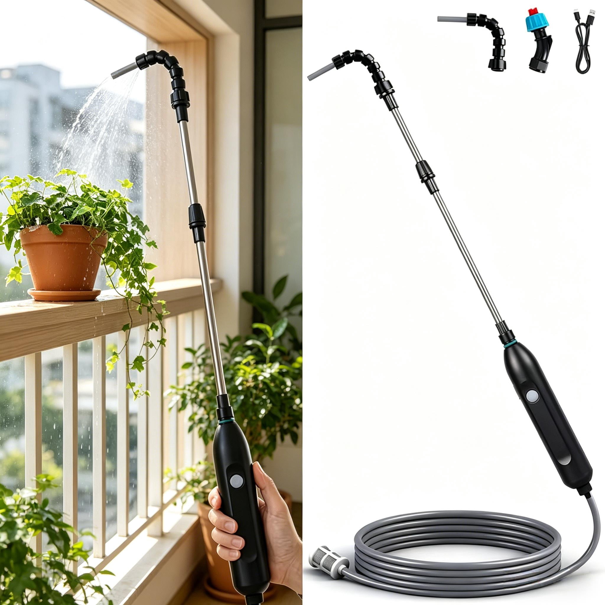 Rechargeable Cordless High Reach Plant Waterer with 25.6–33.4 in Telescopic Wand, 2 Adjustable Nozzles & 8.6ft Water Hose - Ideal for Hanging Plant Baskets, Yard, Lawn, Weeds and Potted Plants