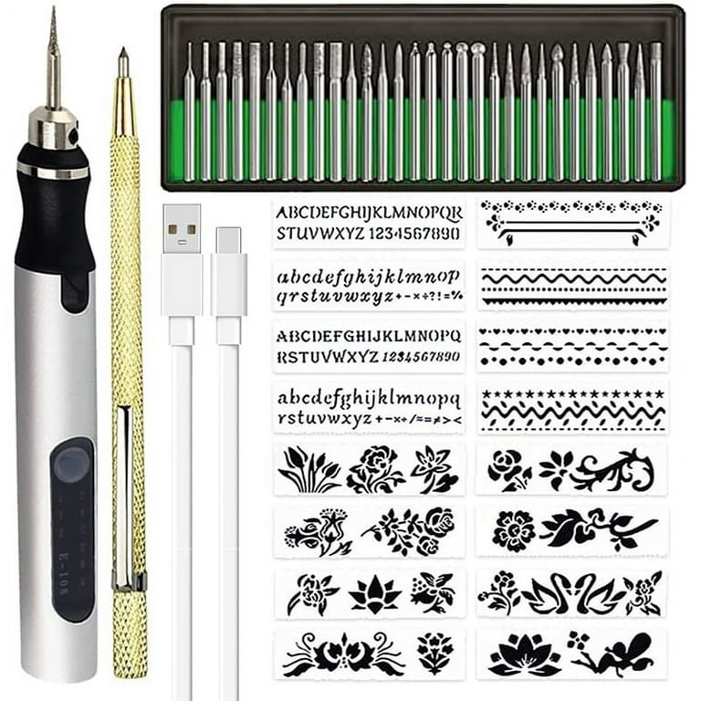 Rechargeable Cordless Mini Engraver Pen DIY Engraving Tool Kit for Metal Glass Ceramic Plastic Wood Jewelry Stencils B, Silver