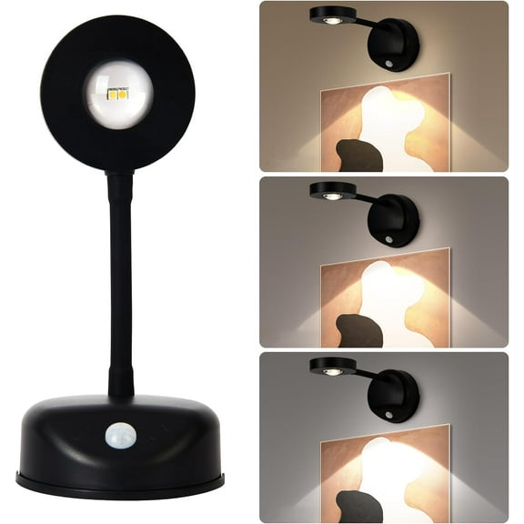 Rechargeable Cordless Picture Light,2200mAH Battery Operated Motion Sensor Wall Sconces,3 Color & Stepless Dimming Up Wall Art Lights for Paintings,Indoor Stick on Accent Lighting Decor(Black)