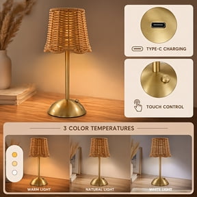 Rechargeable Cordless Rattan Touch Control Table Lamp, Dimmable RGB Wicker Night Light With Drum Lampshade for Bedroom Living Room Dorm Bedside Decor