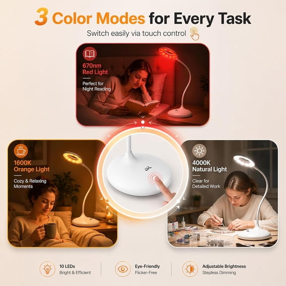 Rechargeable Desk Lamp, 3 Color Modes, 670nm Red Light Therapy, Eye Protection Amber Light, Bright White Light, No Blue Light, Portable Cordless Reading Lamp for Bedroom Office Students