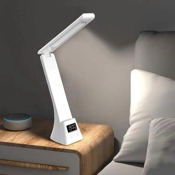 Rechargeable Desk Lamp Eye-Caring Desk Lamp with LCD Display Foldable Arm Eye-Caring Table Lamps White