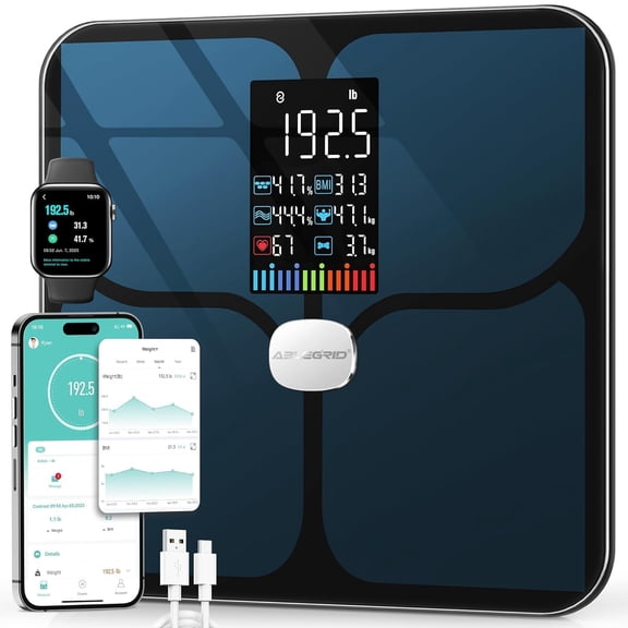 Rechargeable Digital Bathroom Scale for Body Weight Smart Tracks 22 Metrics Including Fat BMI Muscle Mass Heart Rate Baby Mode Large Color Display 400 lbs