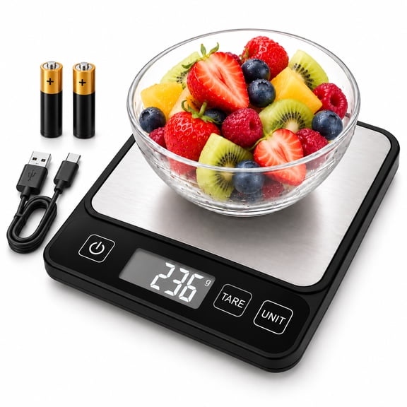 Rechargeable Digital Kitchen Scale, 22 lb / 10 kg Food Scale with LCD Display, Tare Function and Multi-Unit Measurement for Cooking, Baking, Meal Prep and Coffee