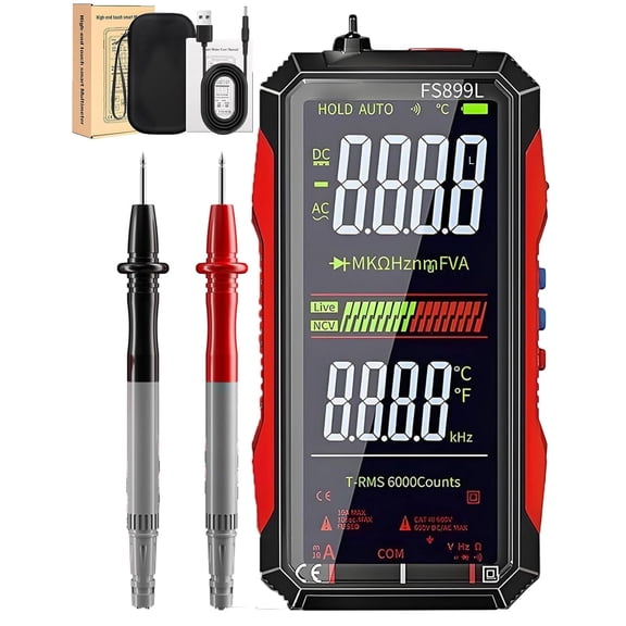 Rechargeable Digital Multimeter 6000 Counts True RMS Smart Tester with 5-Inch Screen, Auto-Range, NCV Detection, Capacitance & Temperature for Home Automotive Industrial Electrical Repairs (Red)