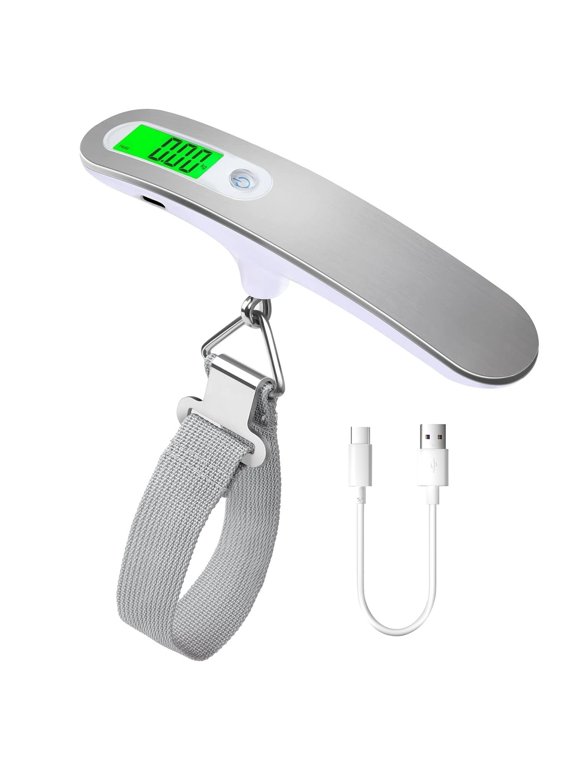 Rechargeable Digital Travel Scale with Strap for Luggage Suitcase Baggage Weighing, Weight Max up to 110 Lbs/50kg & LCD Display Screen Design,USB Type-C Port white knit