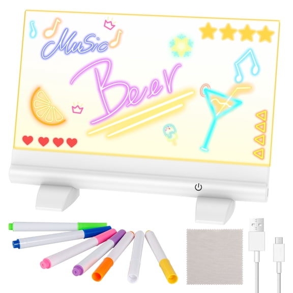 Rechargeable Doodle Glow LED Note Board, with 7 Markers, 12''x9''Neon Art Dry Erase Light Up Drawing Pad with Built-in Stand, Sketching Gift Toy for Kids/Girls/Teens, 5 Markers & Tracing Book