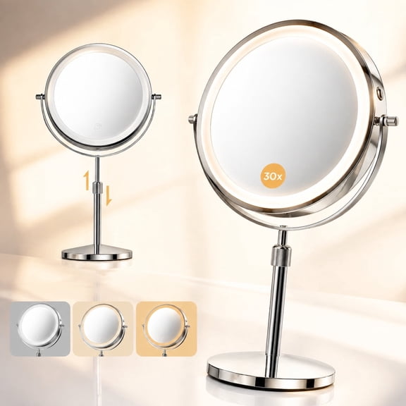 Rechargeable Double Sided Vanity Mirror 1X 30X Magnification 3 Color Dimmable Light 360 Rotating