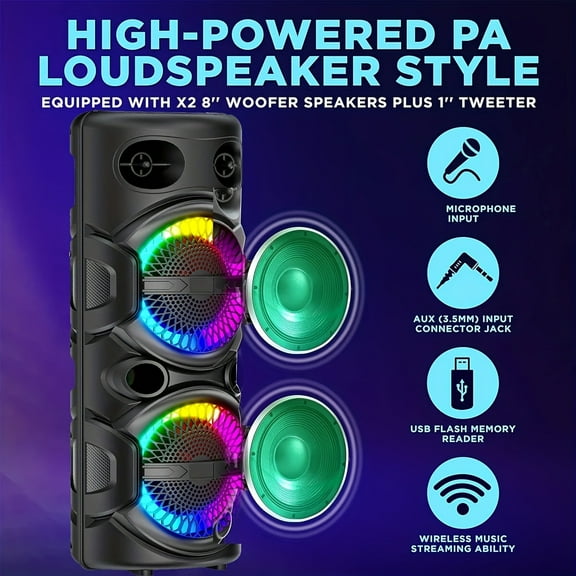 Rechargeable Dual 12-Inch Portable Party Speaker with LED Light Show, 2800W Bass Subwoofer, TWS, Bluetooth, USB, SD, AUX & FM Radio