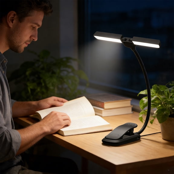 Rechargeable Dual Head Clip-On LED Desk Lamp with Adjustable Brightness and Color Temperature,Flexible Reading Light for Home Office Study and Bedside Use,Eye-Caring Task Lighting Solution(Black)