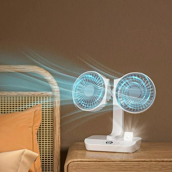Rechargeable Dual Head Oscillating Fan with LED Light, 3600mAh Battery Operated USB Desk Fan, 4 Speeds Wall Mountable Personal Fan for Home Office