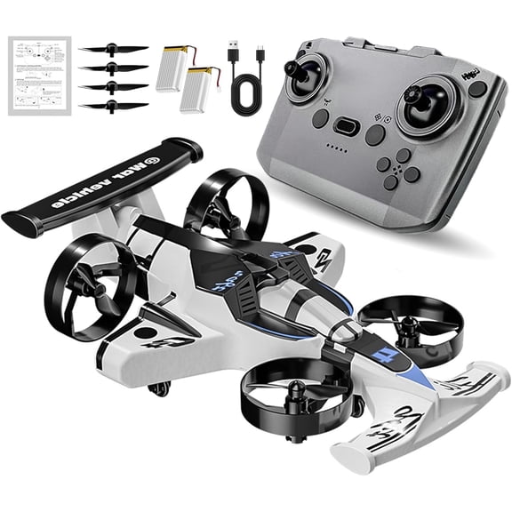 Rechargeable Dual Mode Car Drone, 2-in-1 Remote Control Flying Car with Dual Land and Air Modes, Induction Steering for Indoor Outdoor Play (White)