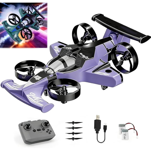 Rechargeable Dual-Mode Car Drone, 2-in-1 RC Flying Car Drive & Fly, One-Button Transform, 3-Speed, 360° Flip Stunts, 2.4GHz Remote, LED Lights, Indoor Outdoor (Purple)