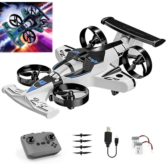 Rechargeable Dual-Mode Car Drone, 2-in-1 RC Flying Car Drive & Fly, One-Button Transform, 3-Speed, 360° Flip Stunts, 2.4GHz Remote, LED Lights, Indoor Outdoor (White)