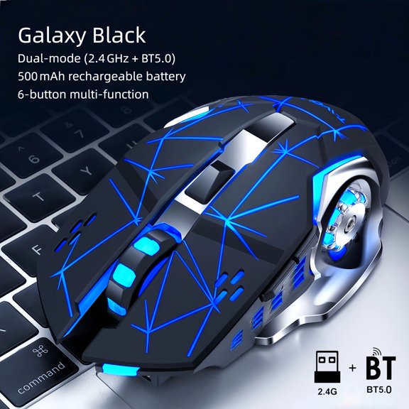 Rechargeable Dual-Mode Wireless Mouse | BT & 2.4G RGB Gaming Mouse, Silent Clicks, Ergonomic Ambidextrous Design for Work & Gaming