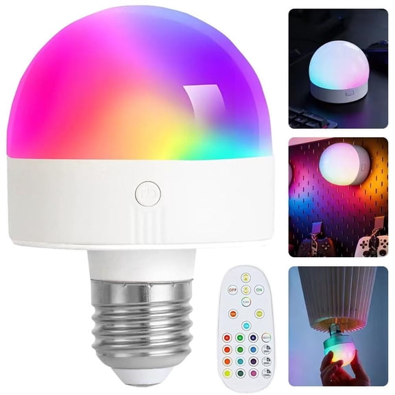 Rechargeable E27 LED Light Bulb with Remote, Magnetic 2000mAh Battery Operated RGB Lamp, 3 Modes Dimmable Color Changing Night Bulb for Home Emergency Camping