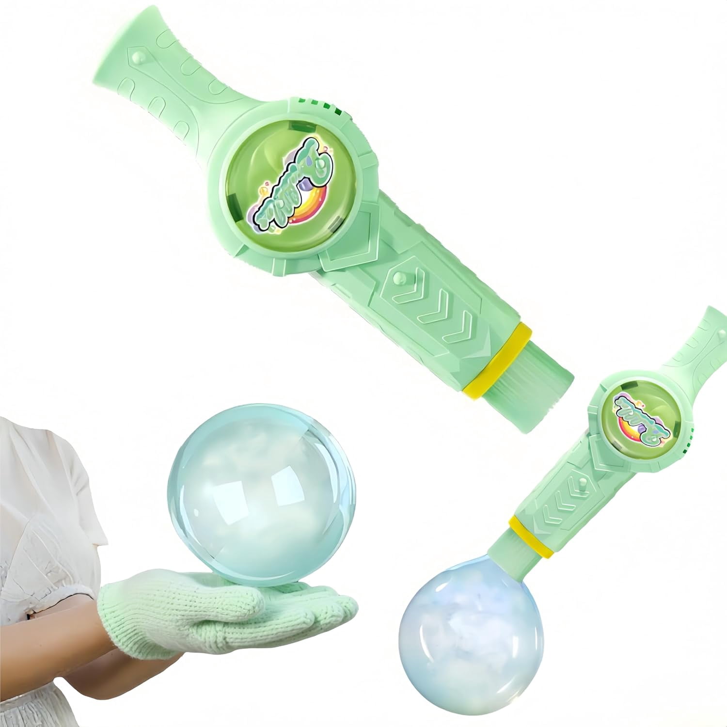 Rechargeable Elastic Smoke Bubble Machine – Magic Wand with Lights & Sound,Bubble Gloves & Spill-Proof Cup, Safe Solution (Green/Pink)