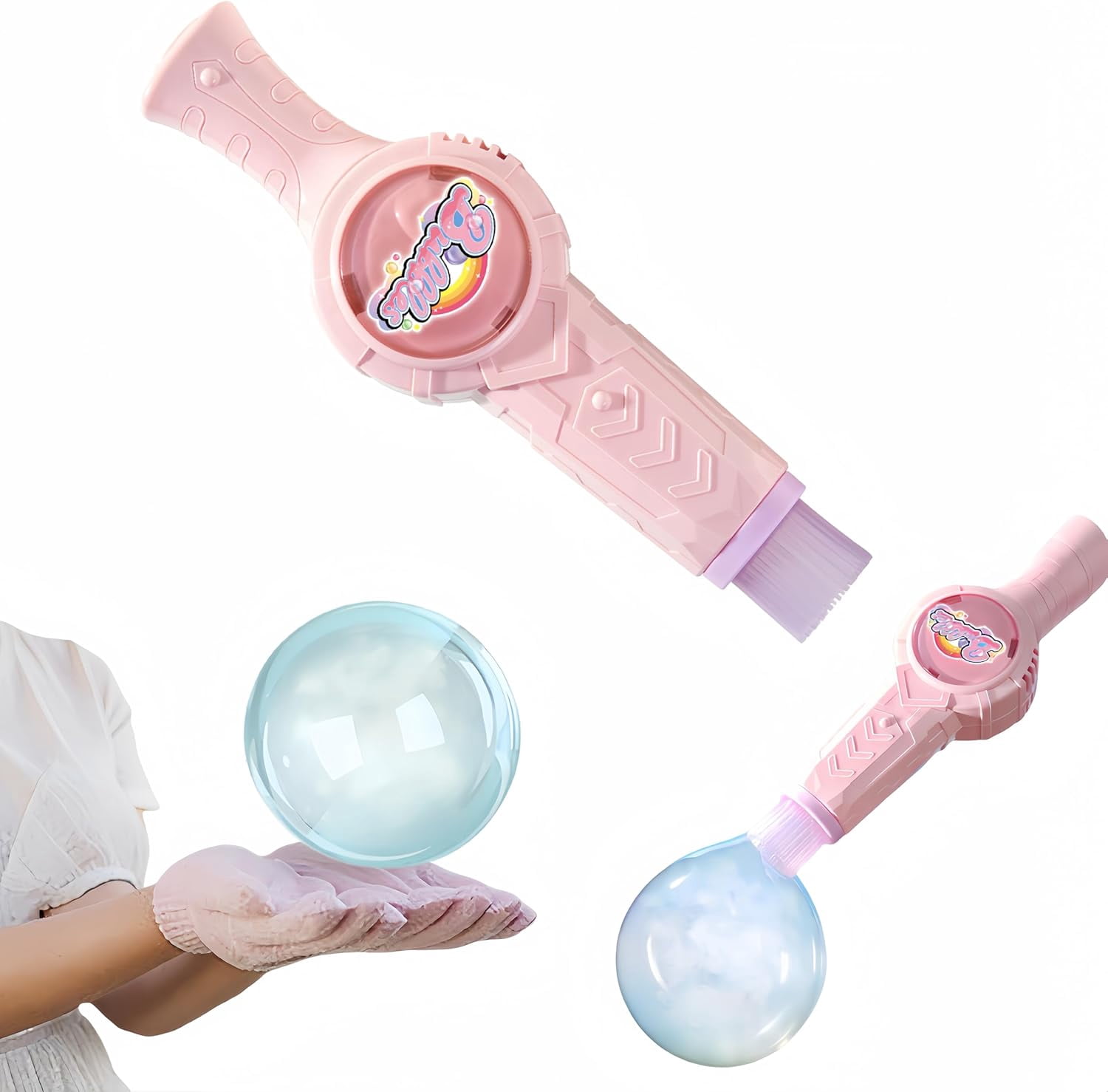 Rechargeable Elastic Smoke Bubble Machine – Magic Wand with Lights & Sound,Bubble Gloves & Spill-Proof Cup, Safe Solution (Green/Pink)