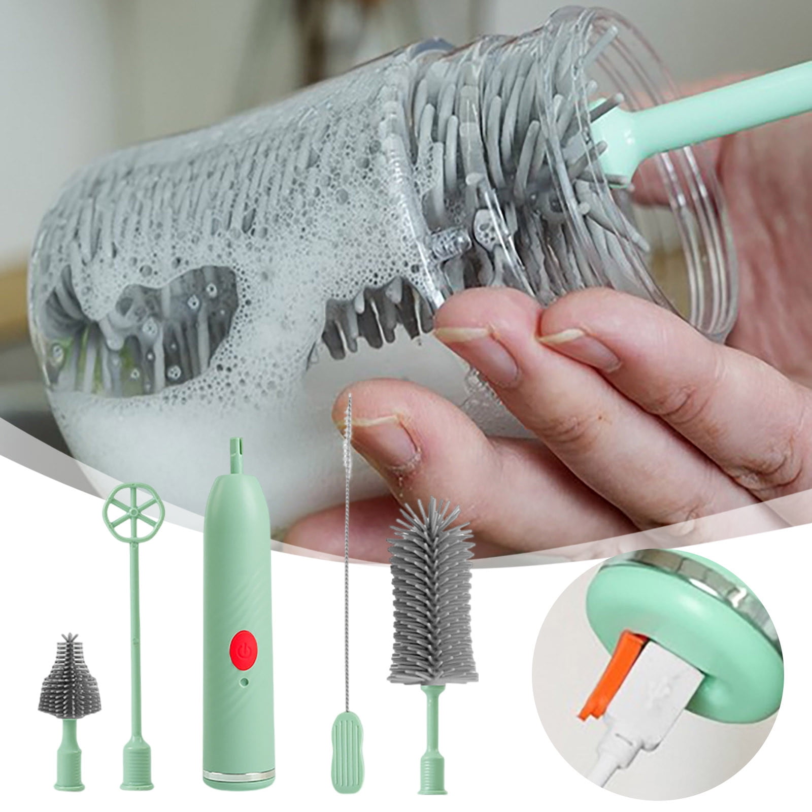 Rechargeable Electric Baby Bottle Cleaning Brush Set, 5-in-1 Silicone Bottle Cleaner with Nipple, Straw & Stirring Attachments, Travel-Friendly for New Moms
